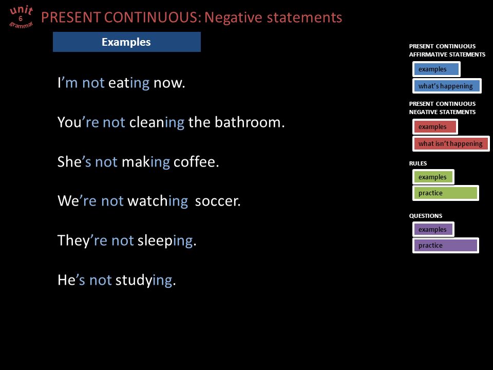 PRESENT CONTINUOUS: Negative statements 6 I’m not eating now.