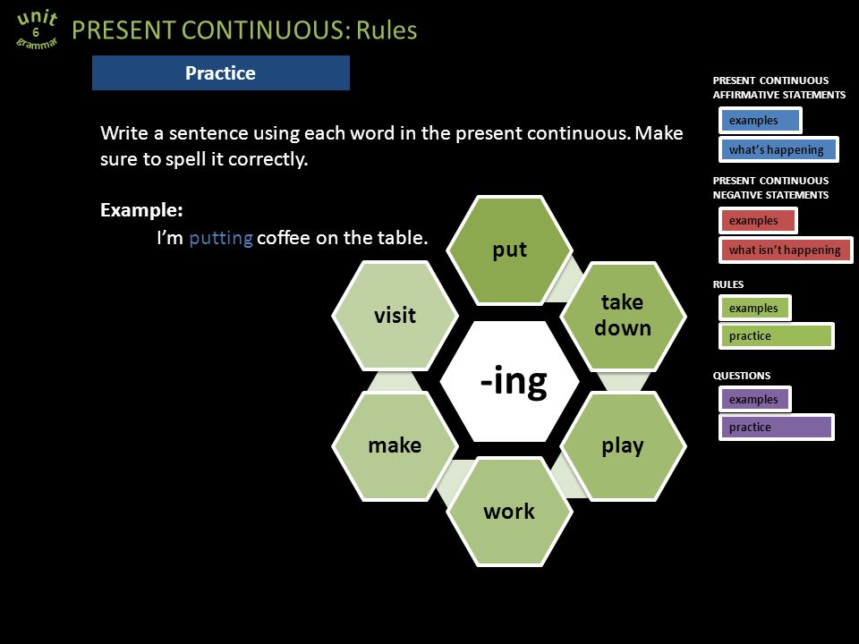 PRESENT CONTINUOUS: Rules 6 -ing put take down playworkmakevisit Write a sentence using each word in the present continuous.