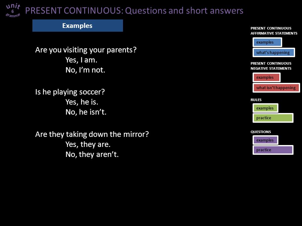 PRESENT CONTINUOUS: Questions and short answers Are you visiting your parents.