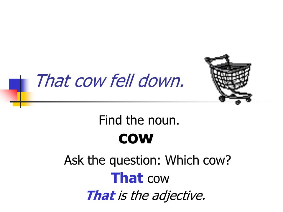 That cow fell down. Find the noun. cow Ask the question: Which cow That cow That is the adjective.