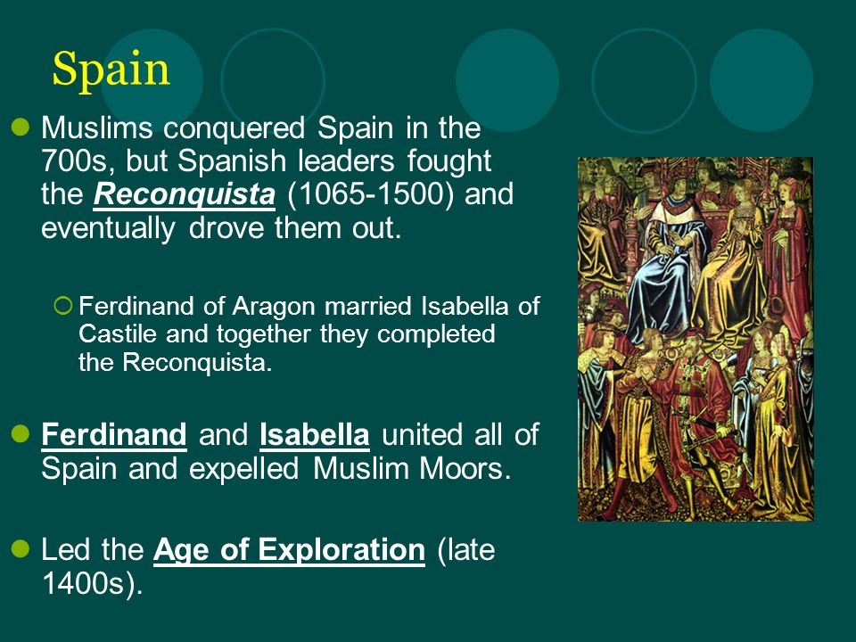 Spain Muslims conquered Spain in the 700s, but Spanish leaders fought the Reconquista ( ) and eventually drove them out.
