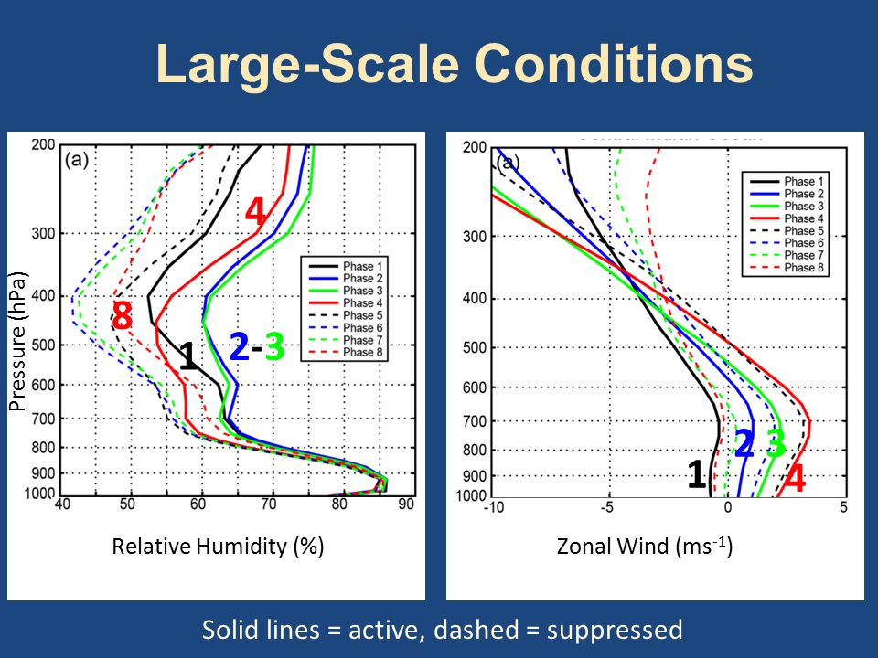 Large-Scale Conditions Solid lines = active, dashed = suppressed Relative Humidity (%) Pressure (hPa) Zonal Wind (ms -1 )