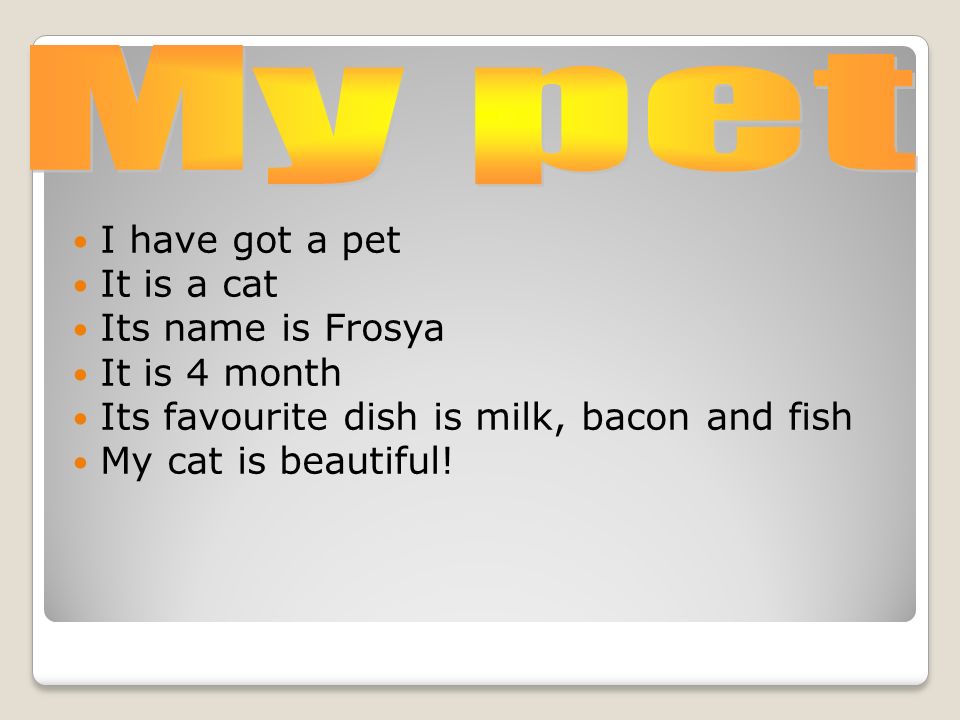 I have got a pet It is a cat Its name is Frosya It is 4 month Its favourite dish is milk, bacon and fish My cat is beautiful!