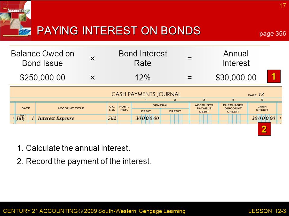 CENTURY 21 ACCOUNTING © 2009 South-Western, Cengage Learning 17 LESSON 12-3 Balance Owed on Bond Issue Bond Interest Rate = Annual Interest × $250, %=$30, × 2.Record the payment of the interest.