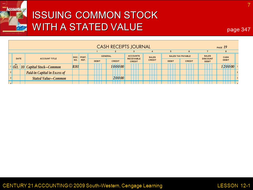CENTURY 21 ACCOUNTING © 2009 South-Western, Cengage Learning 7 LESSON 12-1 ISSUING COMMON STOCK WITH A STATED VALUE page 347