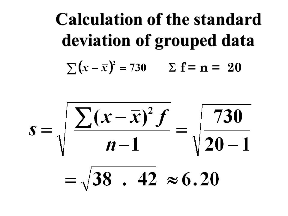 Mean and Standard Deviation of Grouped Data Make a frequency table Compute  the midpoint (x) for each class. Count the number of entries in each class  (f). - ppt download