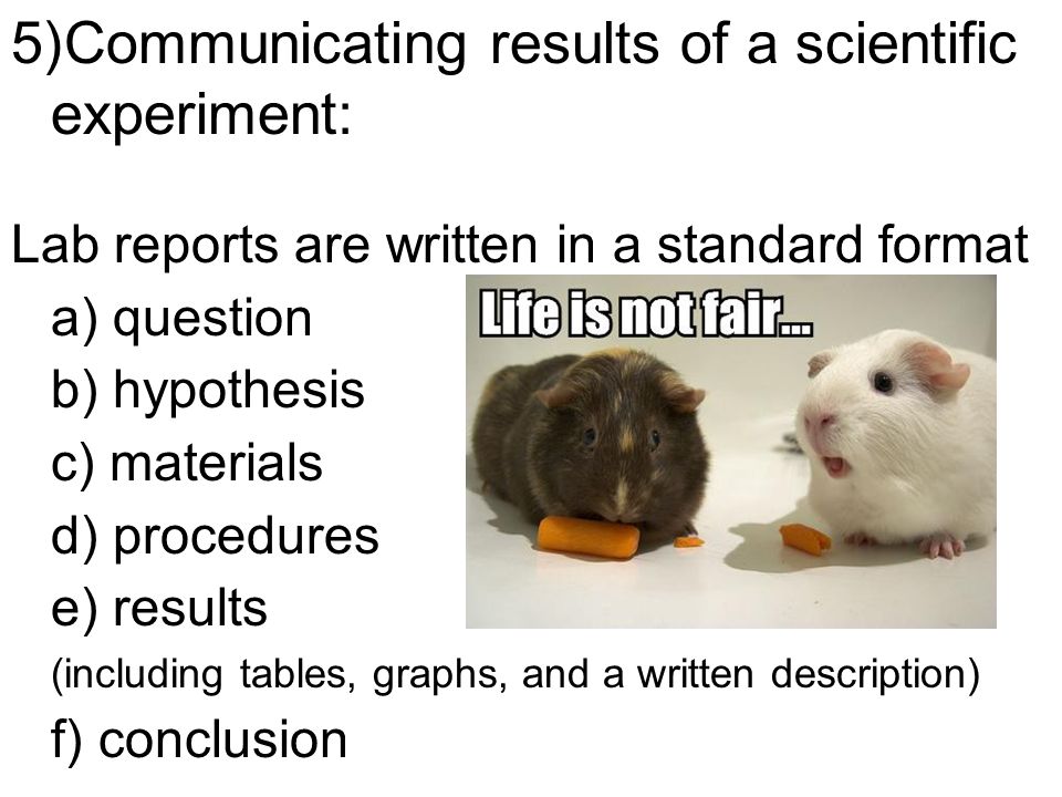5)Communicating results of a scientific experiment: Lab reports are written in a standard format a) question b) hypothesis c) materials d) procedures e) results (including tables, graphs, and a written description) f) conclusion