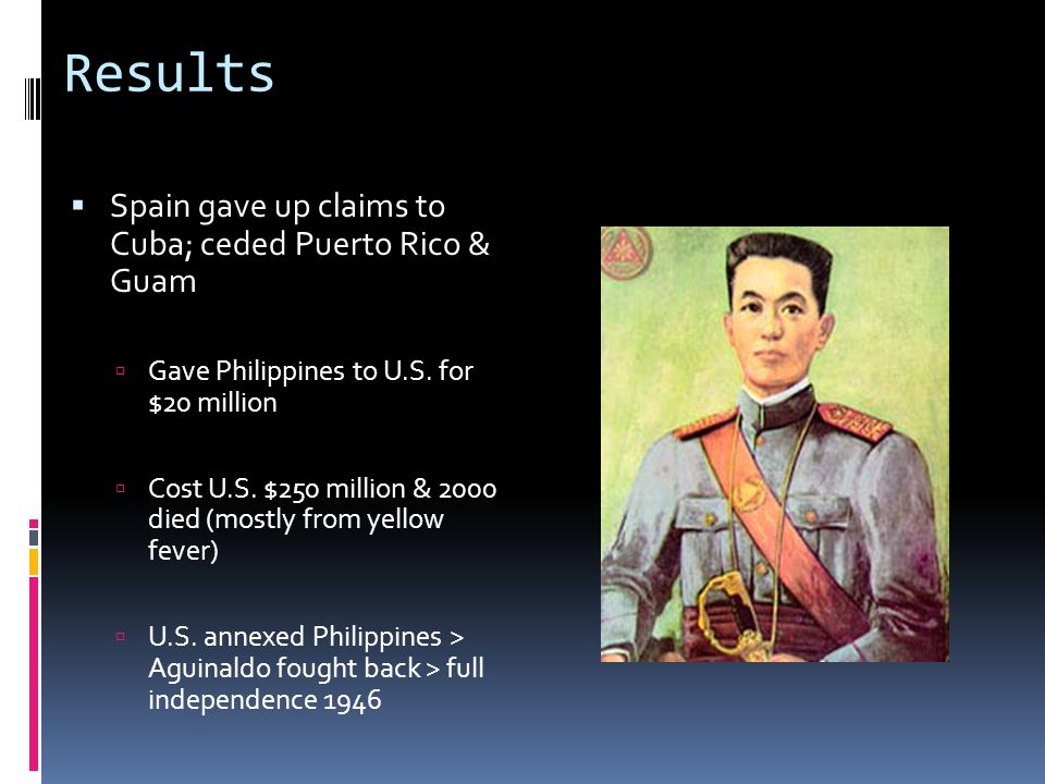Results  Spain gave up claims to Cuba; ceded Puerto Rico & Guam  Gave Philippines to U.S.