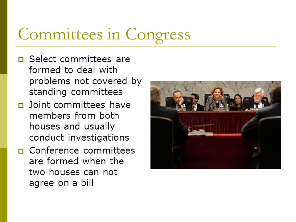 Committees in Congress  Select committees are formed to deal with problems not covered by standing committees  Joint committees have members from both houses and usually conduct investigations  Conference committees are formed when the two houses can not agree on a bill