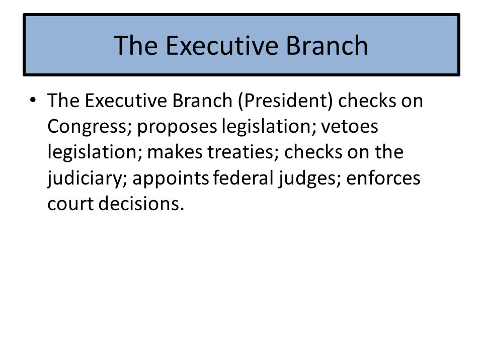 The Executive Branch The Executive Branch (President) checks on Congress; proposes legislation; vetoes legislation; makes treaties; checks on the judiciary; appoints federal judges; enforces court decisions.