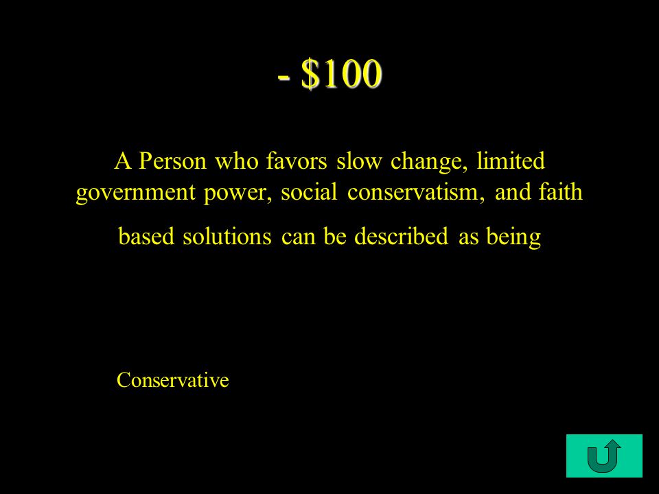 $100 $200 $300 $400 $500 Elected Officials Congress Political Culture Presidency Court Cases Key Terms