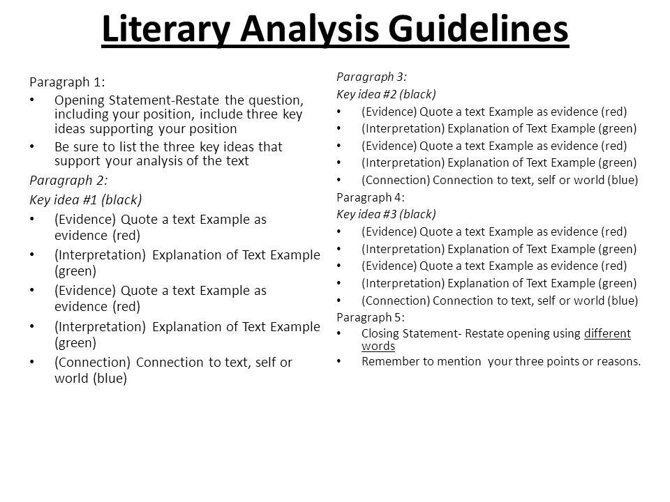 Literary Analysis Guidelines Paragraph 1: Opening Statement-Restate the question, including your position, include three key ideas supporting your position Be sure to list the three key ideas that support your analysis of the text Paragraph 2: Key idea #1 (black) (Evidence) Quote a text Example as evidence (red) (Interpretation) Explanation of Text Example (green) (Evidence) Quote a text Example as evidence (red) (Interpretation) Explanation of Text Example (green) (Connection) Connection to text, self or world (blue) Paragraph 3: Key idea #2 (black) (Evidence) Quote a text Example as evidence (red) (Interpretation) Explanation of Text Example (green) (Evidence) Quote a text Example as evidence (red) (Interpretation) Explanation of Text Example (green) (Connection) Connection to text, self or world (blue) Paragraph 4: Key idea #3 (black) (Evidence) Quote a text Example as evidence (red) (Interpretation) Explanation of Text Example (green) (Evidence) Quote a text Example as evidence (red) (Interpretation) Explanation of Text Example (green) (Connection) Connection to text, self or world (blue) Paragraph 5: Closing Statement- Restate opening using different words Remember to mention your three points or reasons.