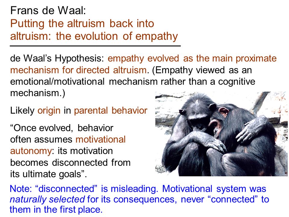 Frans de Waal: Putting the altruism back into altruism: the evolution of empathy de Waal’s Hypothesis: empathy evolved as the main proximate mechanism for directed altruism.