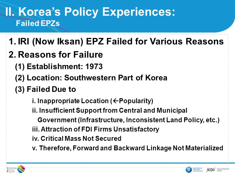 1.IRI (Now Iksan) EPZ Failed for Various Reasons 2.Reasons for Failure (1) Establishment: 1973 (2) Location: Southwestern Part of Korea (3) Failed Due to i.