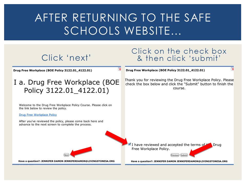 Click ‘next’ Click on the check box & then click ‘submit’ AFTER RETURNING TO THE SAFE SCHOOLS WEBSITE…