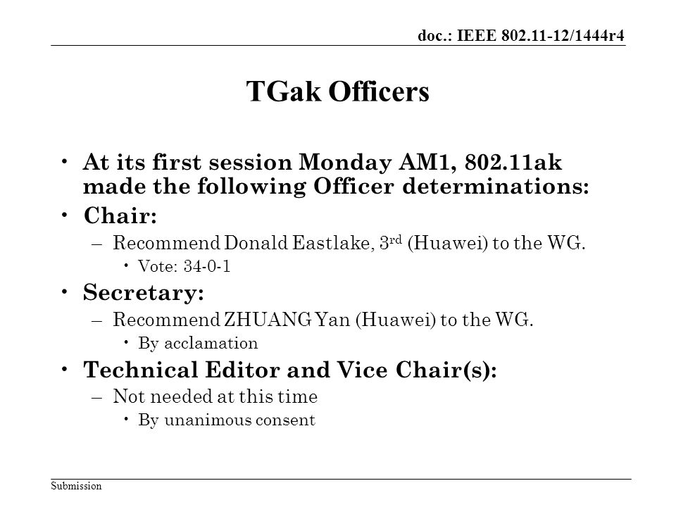 doc.: IEEE /1444r4 Submission TGak Officers At its first session Monday AM1, ak made the following Officer determinations: Chair: –Recommend Donald Eastlake, 3 rd (Huawei) to the WG.