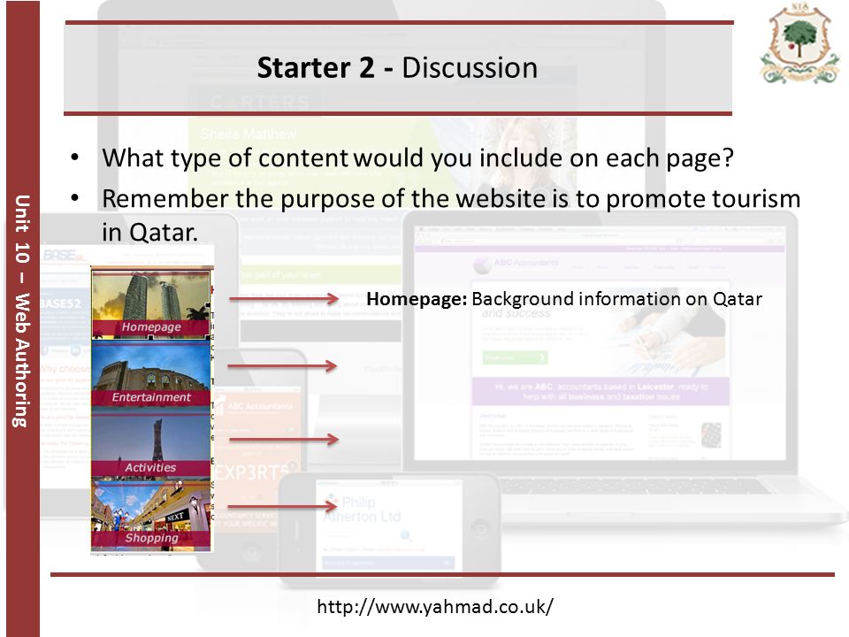 Unit 10 – Web Authoring Starter 2 - Discussion   What type of content would you include on each page.
