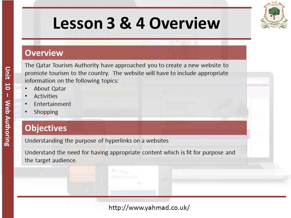 Unit 10 – Web Authoring Lesson 3 & 4 Overview   Objectives Understanding the purpose of hyperlinks on a websites Understand the need for having appropriate content which is fit for purpose and the target audience.