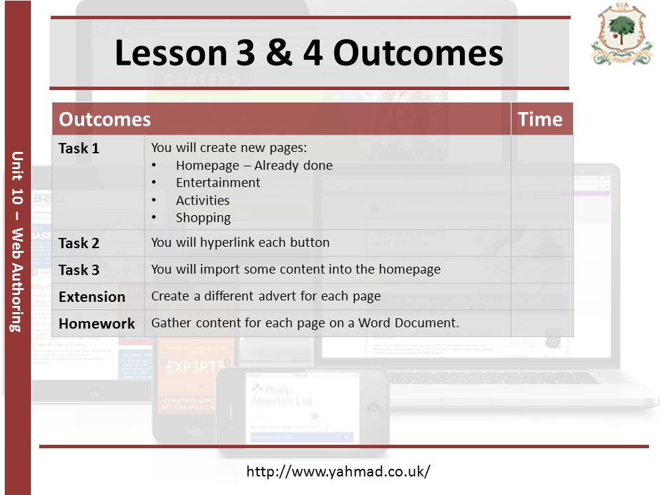 Unit 10 – Web Authoring Lesson 3 & 4 Outcomes   OutcomesTime Task 1 You will create new pages: Homepage – Already done Entertainment Activities Shopping Task 2 You will hyperlink each button Task 3 You will import some content into the homepage Extension Create a different advert for each page Homework Gather content for each page on a Word Document.