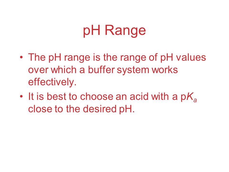 pH Range The pH range is the range of pH values over which a buffer system works effectively.