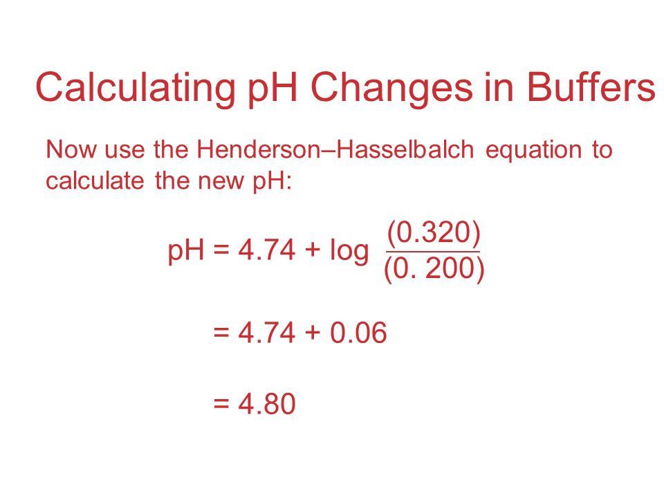 Calculating pH Changes in Buffers Now use the Henderson–Hasselbalch equation to calculate the new pH: pH = log (0.320) (0.
