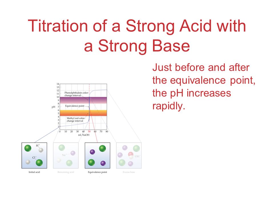 Titration of a Strong Acid with a Strong Base Just before and after the equivalence point, the pH increases rapidly.
