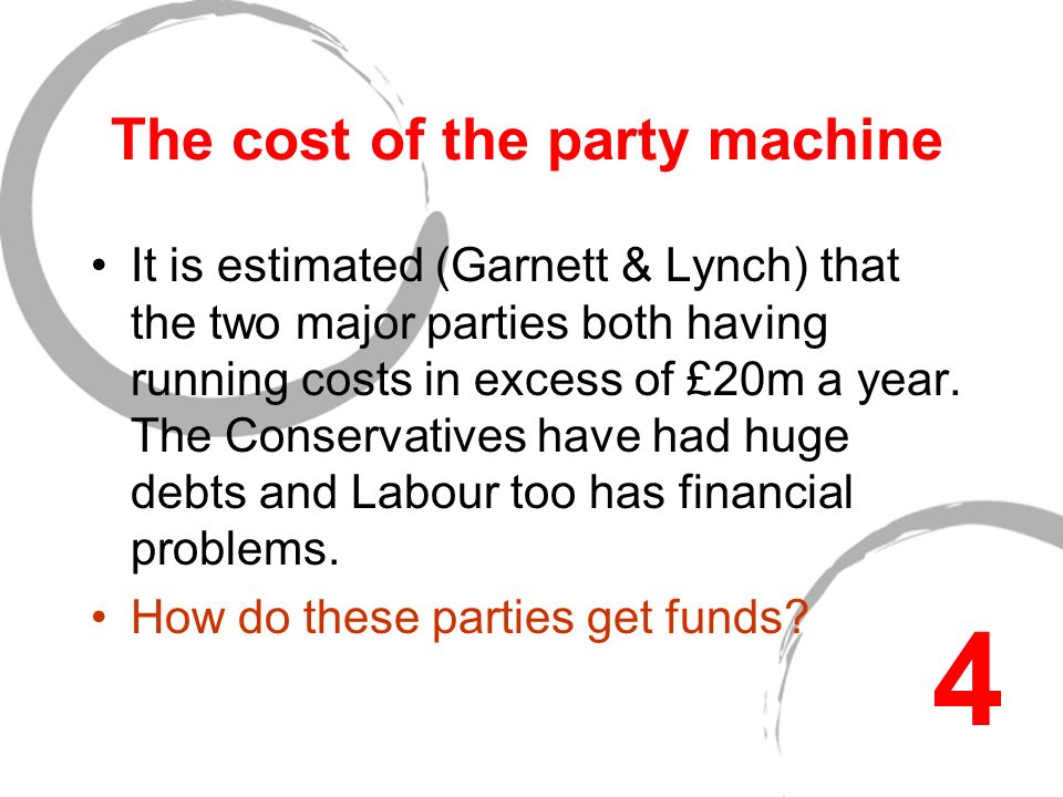 The cost of the party machine It is estimated (Garnett & Lynch) that the two major parties both having running costs in excess of £20m a year.
