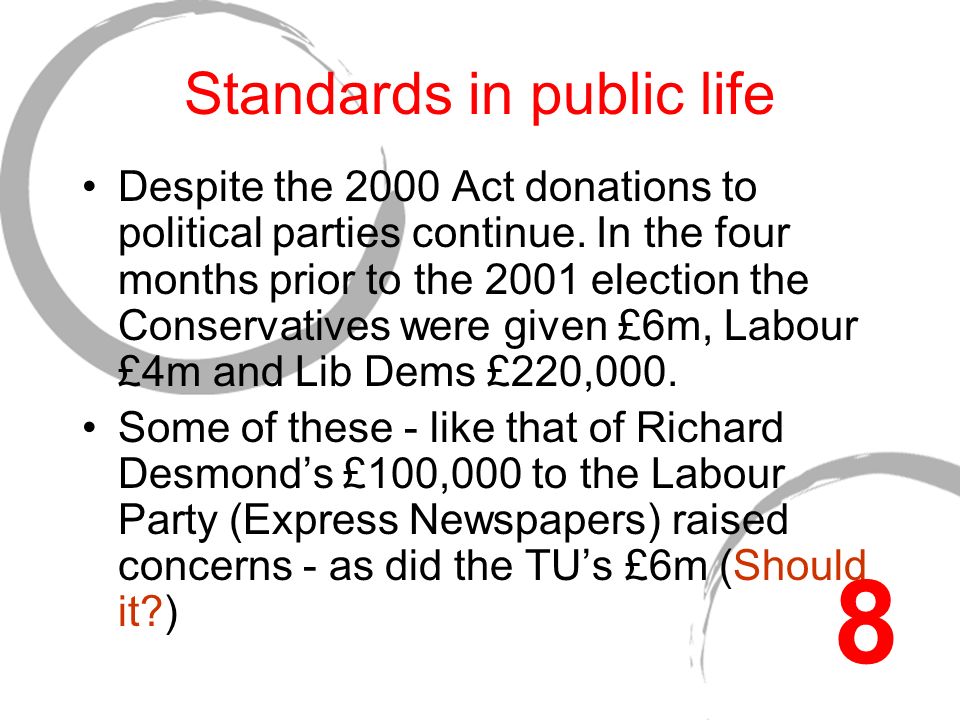 Standards in public life Despite the 2000 Act donations to political parties continue.