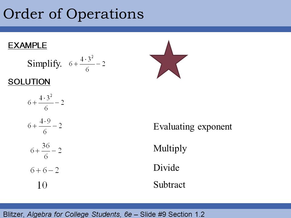 Blitzer, Algebra for College Students, 6e – Slide #9 Section 1.2 Order of OperationsEXAMPLE Simplify.