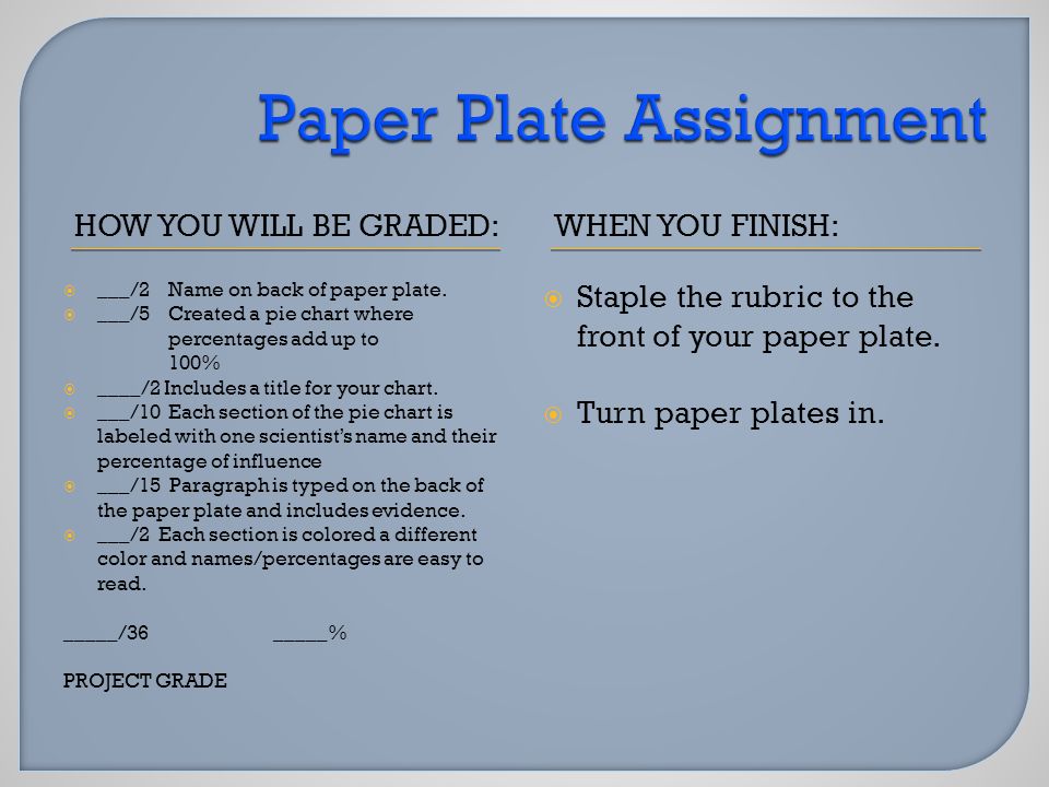 HOW YOU WILL BE GRADED:WHEN YOU FINISH:  ___/2Name on back of paper plate.