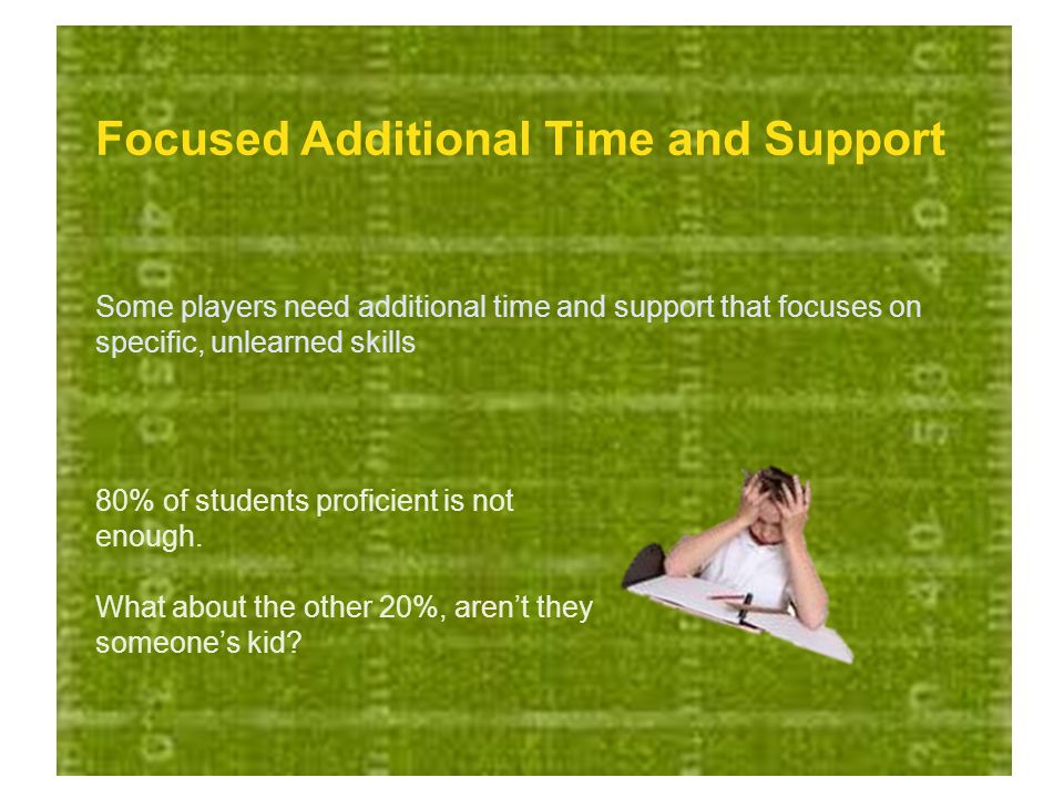 Focused Additional Time and Support Some players need additional time and support that focuses on specific, unlearned skills 80% of students proficient is not enough.