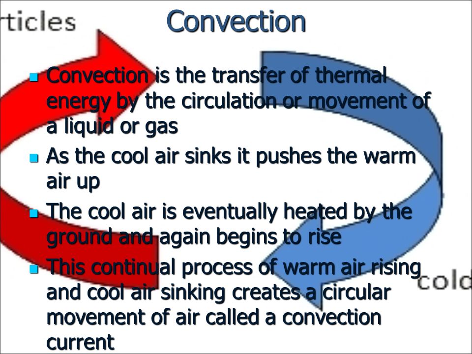 Convection Convection is the transfer of thermal energy by the circulation or movement of a liquid or gas Convection is the transfer of thermal energy by the circulation or movement of a liquid or gas As the cool air sinks it pushes the warm air up As the cool air sinks it pushes the warm air up The cool air is eventually heated by the ground and again begins to rise The cool air is eventually heated by the ground and again begins to rise This continual process of warm air rising and cool air sinking creates a circular movement of air called a convection current This continual process of warm air rising and cool air sinking creates a circular movement of air called a convection current