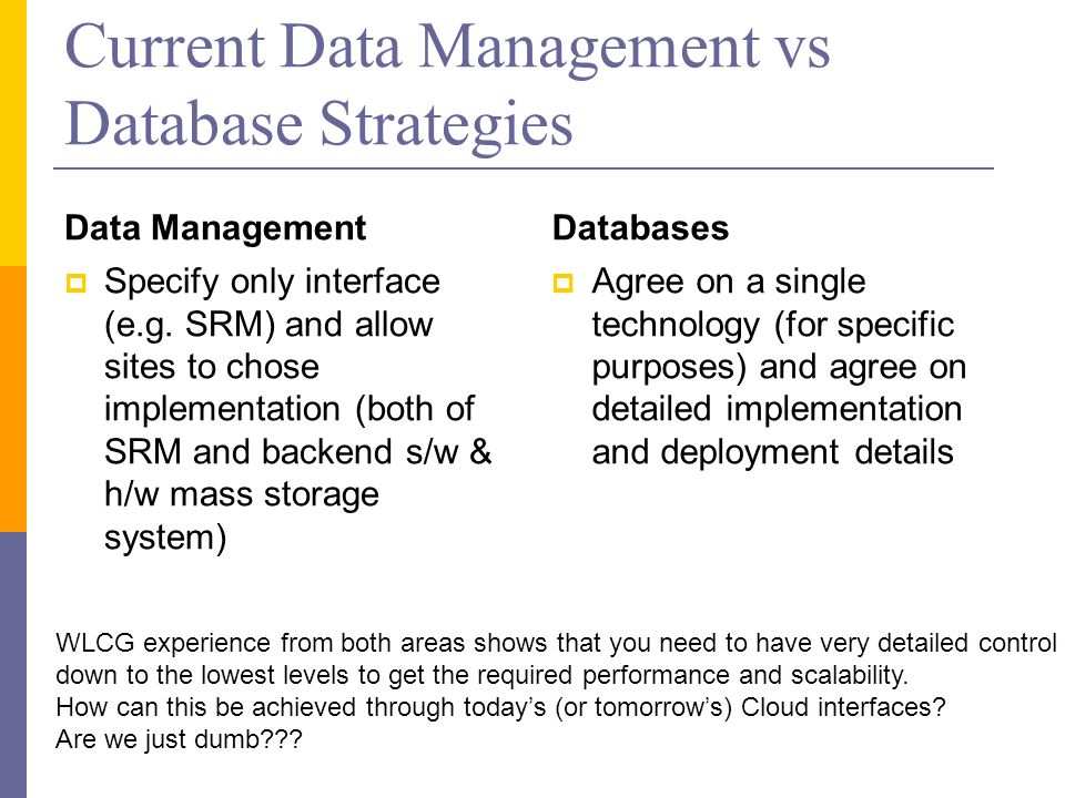 Current Data Management vs Database Strategies Data Management  Specify only interface (e.g.