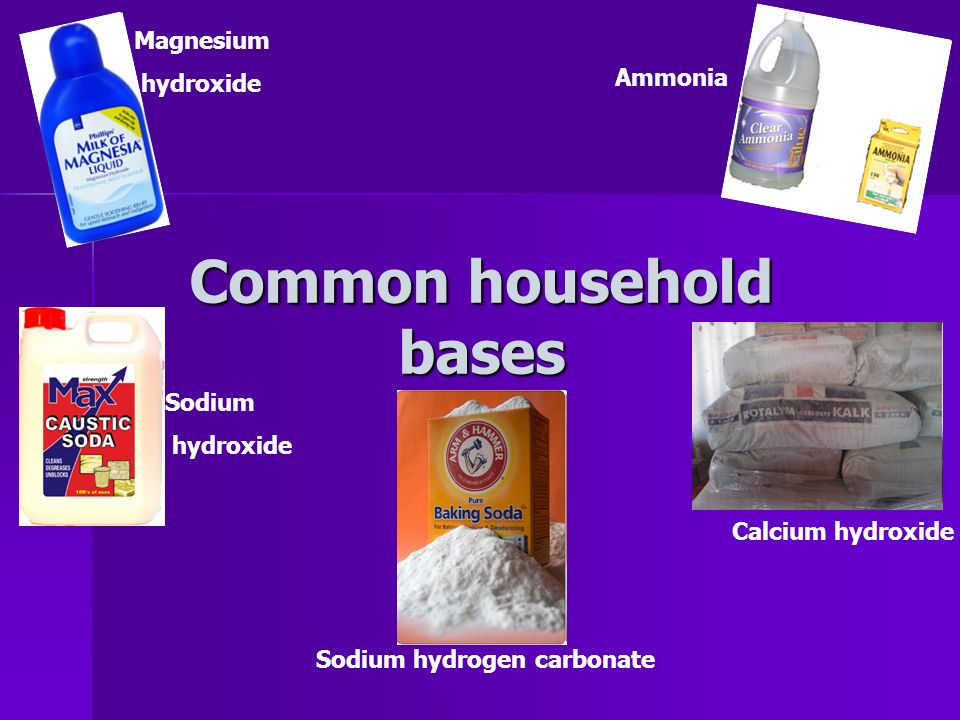Common household bases Magnesium hydroxide Ammonia Sodium hydroxide Sodium ...