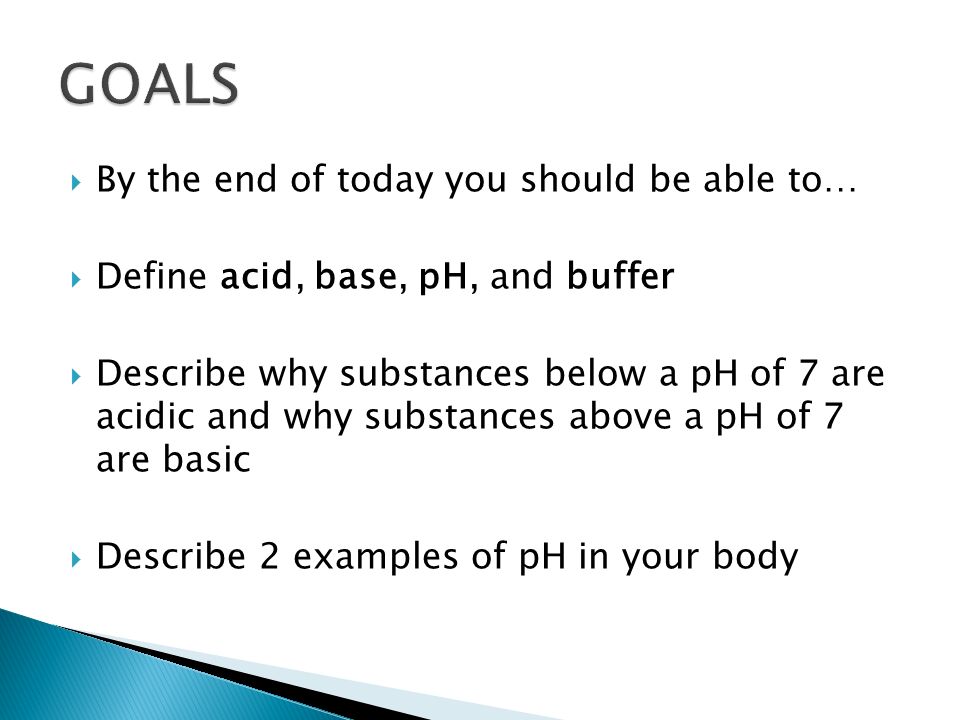  By the end of today you should be able to…  Define acid, base, pH, and buffer  Describe why substances below a pH of 7 are acidic and why substances above a pH of 7 are basic  Describe 2 examples of pH in your body