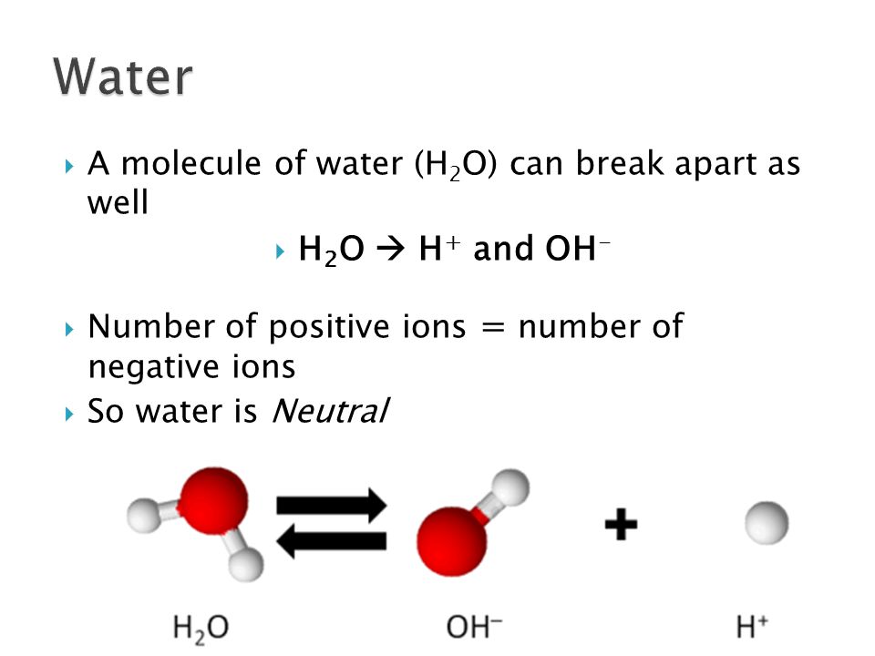  A molecule of water (H 2 O) can break apart as well  H 2 O  H + and OH -  Number of positive ions = number of negative ions  So water is Neutral
