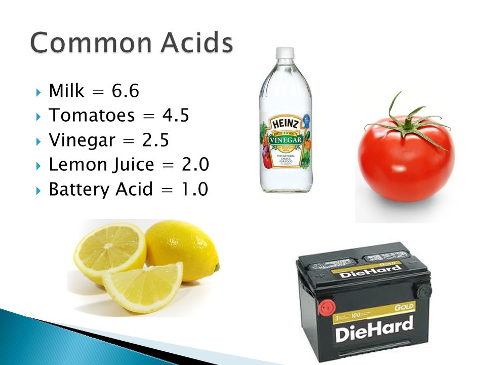  Milk = 6.6  Tomatoes = 4.5  Vinegar = 2.5  Lemon Juice = 2.0  Battery Acid = 1.0