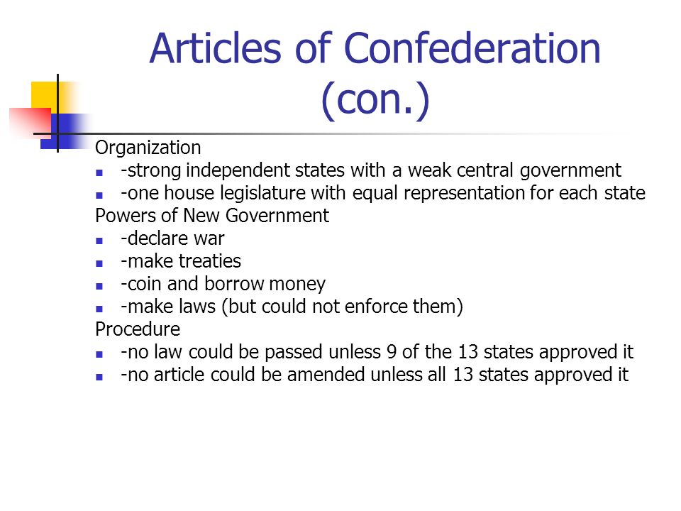 Articles of Confederation (con.) Organization -strong independent states with a weak central government -one house legislature with equal representation for each state Powers of New Government -declare war -make treaties -coin and borrow money -make laws (but could not enforce them) Procedure -no law could be passed unless 9 of the 13 states approved it -no article could be amended unless all 13 states approved it