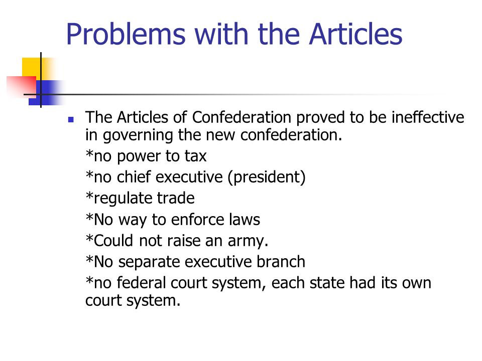 Problems with the Articles The Articles of Confederation proved to be ineffective in governing the new confederation.