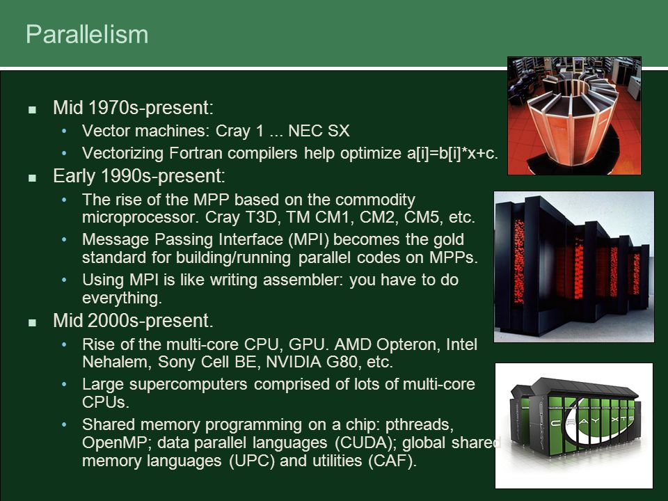 3 Parallelism Mid 1970s-present: Vector machines: Cray 1...