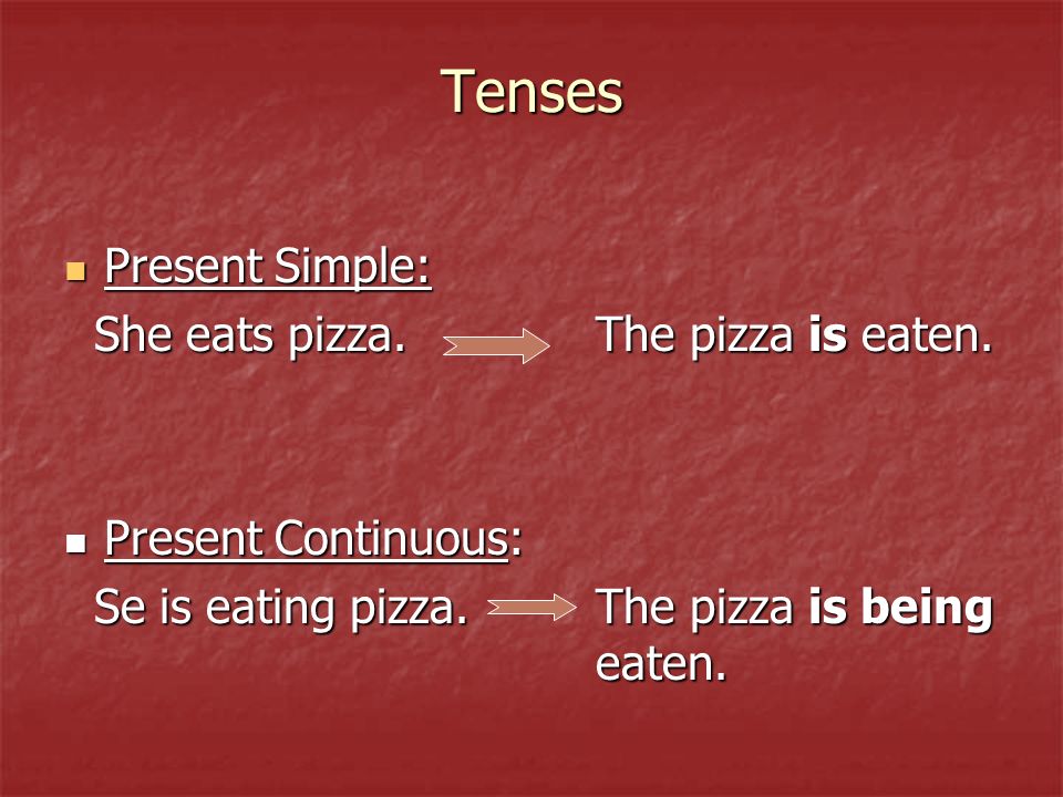 Tenses Present Simple: Present Simple: She eats pizza.The pizza is eaten.