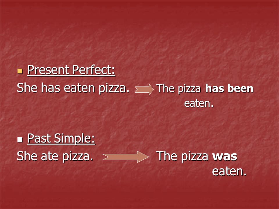 Present Perfect: Present Perfect: She has eaten pizza.