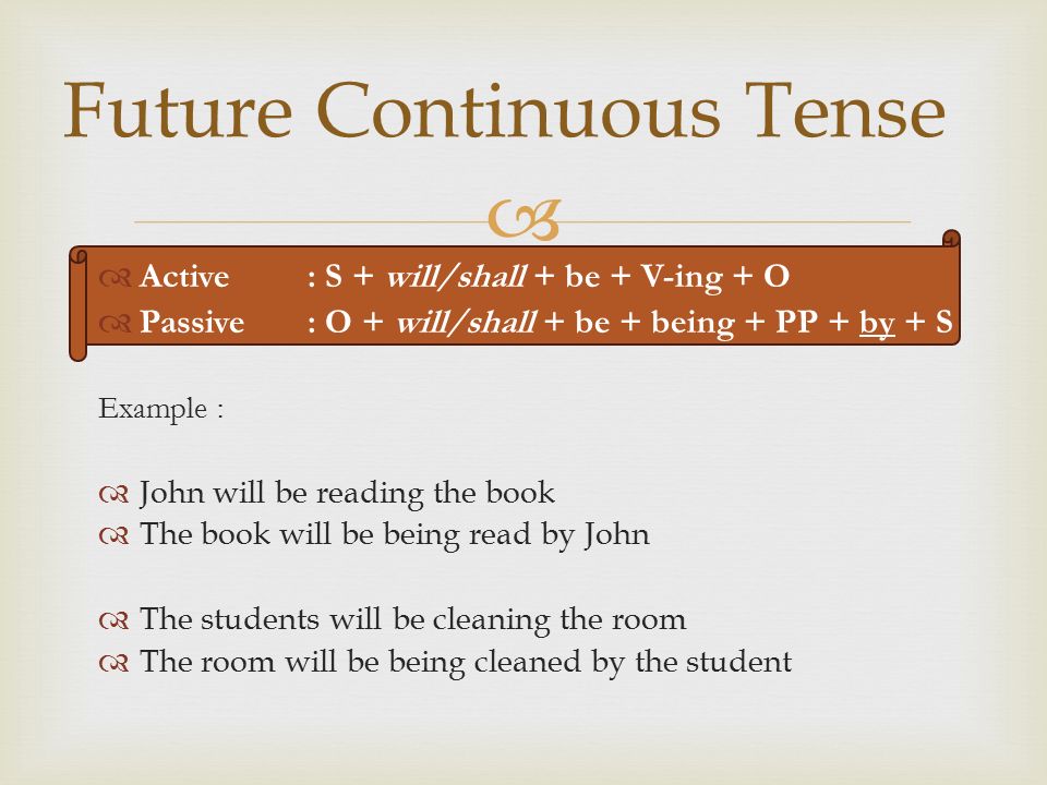   Active: S + will/shall + V + O  Passive: O + will/shall + be + PP + by + S Example :  John will read the book tonight  The book will be read by John tonight  The students will clean the room  The room will be cleaned by the students Simple Future Tense