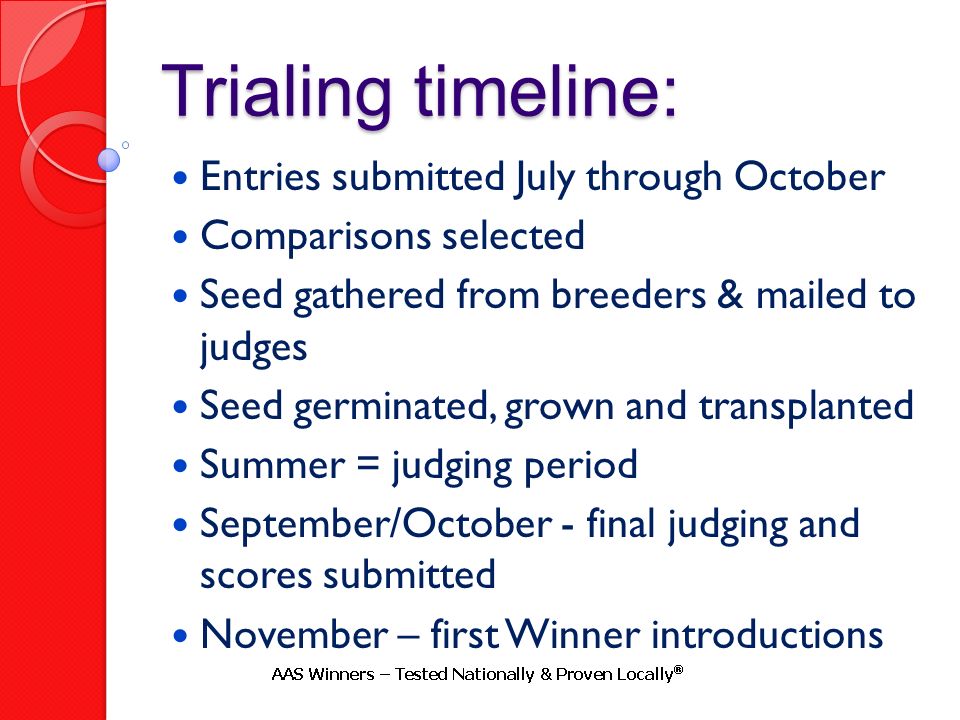Trialing timeline: Entries submitted July through October Comparisons selected Seed gathered from breeders & mailed to judges Seed germinated, grown and transplanted Summer = judging period September/October - final judging and scores submitted November – first Winner introductions