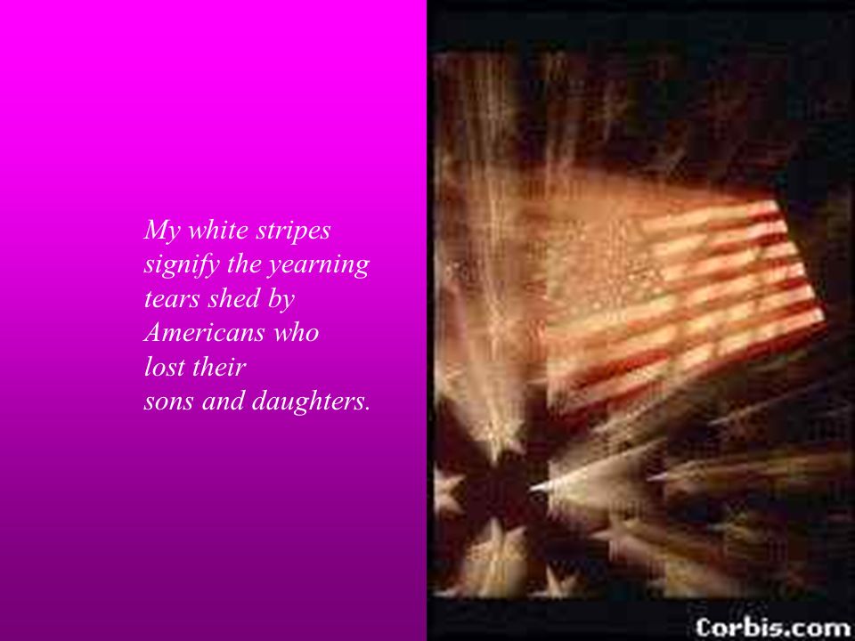 My white stripes signify the yearning tears shed by Americans who lost their sons and daughters.