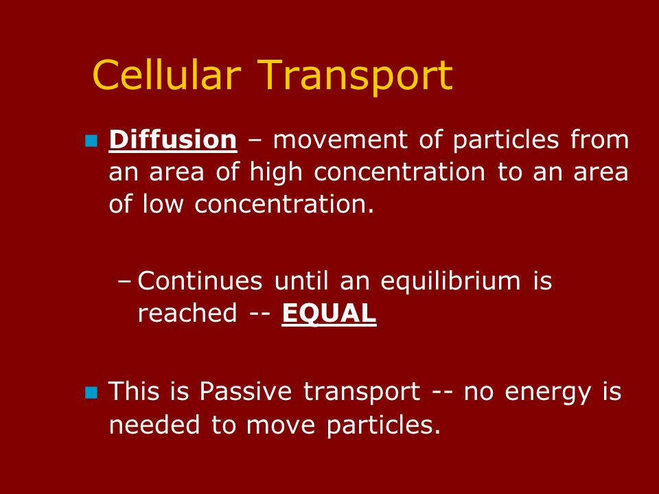 Cellular Transport Diffusion – movement of particles from an area of high concentration to an area of low concentration.