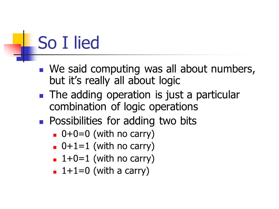 So I lied We said computing was all about numbers, but it’s really all about logic The adding operation is just a particular combination of logic operations Possibilities for adding two bits 0+0=0 (with no carry) 0+1=1 (with no carry) 1+0=1 (with no carry) 1+1=0 (with a carry)