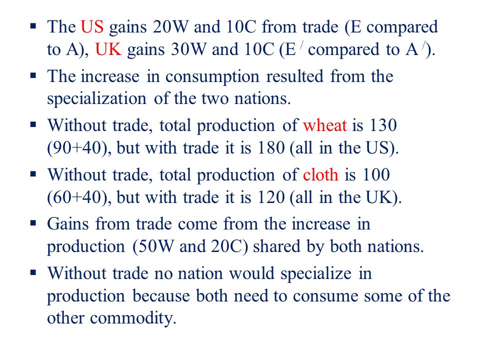  The US gains 20W and 10C from trade (E compared to A), UK gains 30W and 10C (E / compared to A / ).
