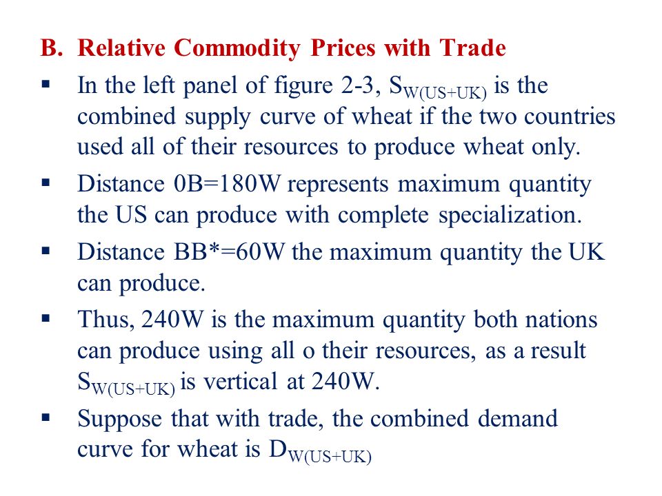 B.Relative Commodity Prices with Trade  In the left panel of figure 2-3, S W(US+UK) is the combined supply curve of wheat if the two countries used all of their resources to produce wheat only.
