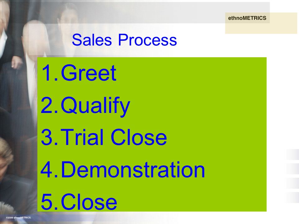 copyright Greet 2.Qualify 3.Trial Close 4.Demonstration 5.Close Sales Process